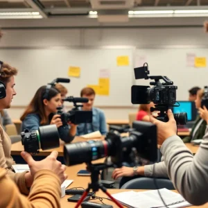 Students participating in film production activities in a classroom