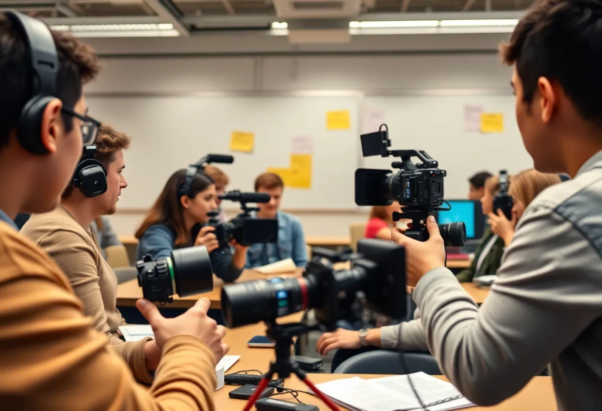 Students participating in film production activities in a classroom