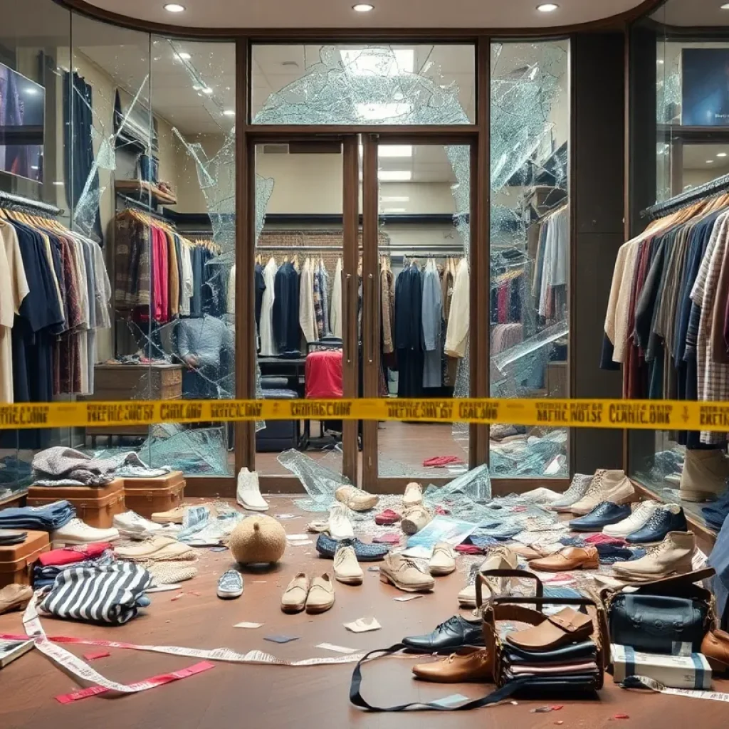 Damaged entrance of The RealReal store after burglary incident