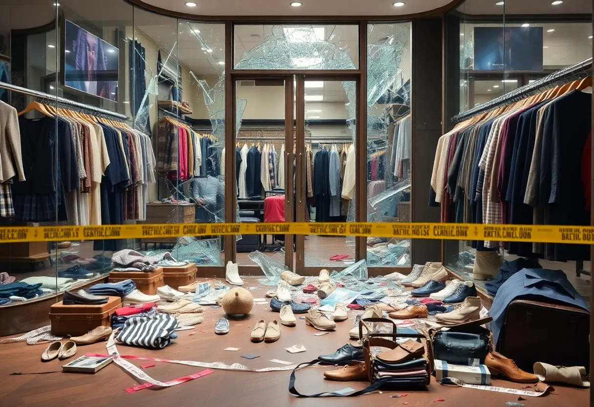 Damaged entrance of The RealReal store after burglary incident