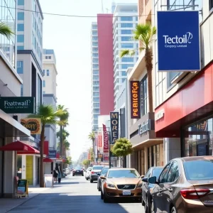 A busy California city scene with diverse businesses.