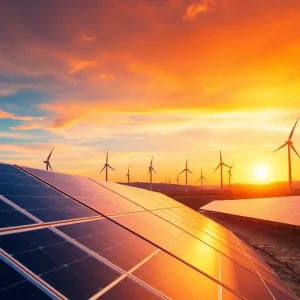 Solar panels and wind turbines in California's renewable energy landscape.