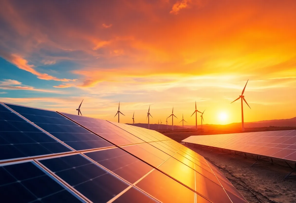 Solar panels and wind turbines in California's renewable energy landscape.