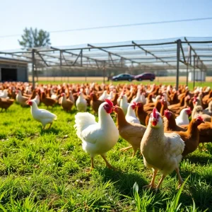 A tranquil California egg farm with spacious environments for hens.