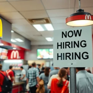 Fast-food restaurant with employees working and a 'Now Hiring' sign