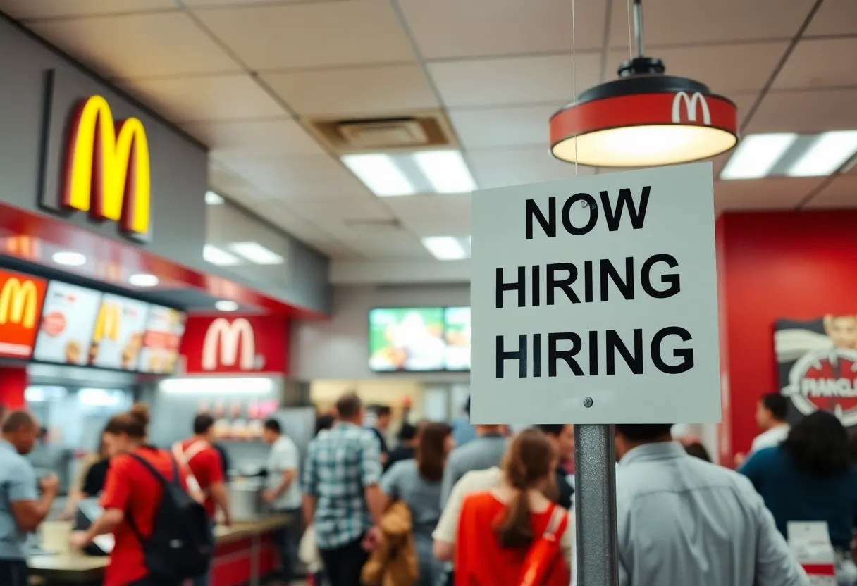 Fast-food restaurant with employees working and a 'Now Hiring' sign