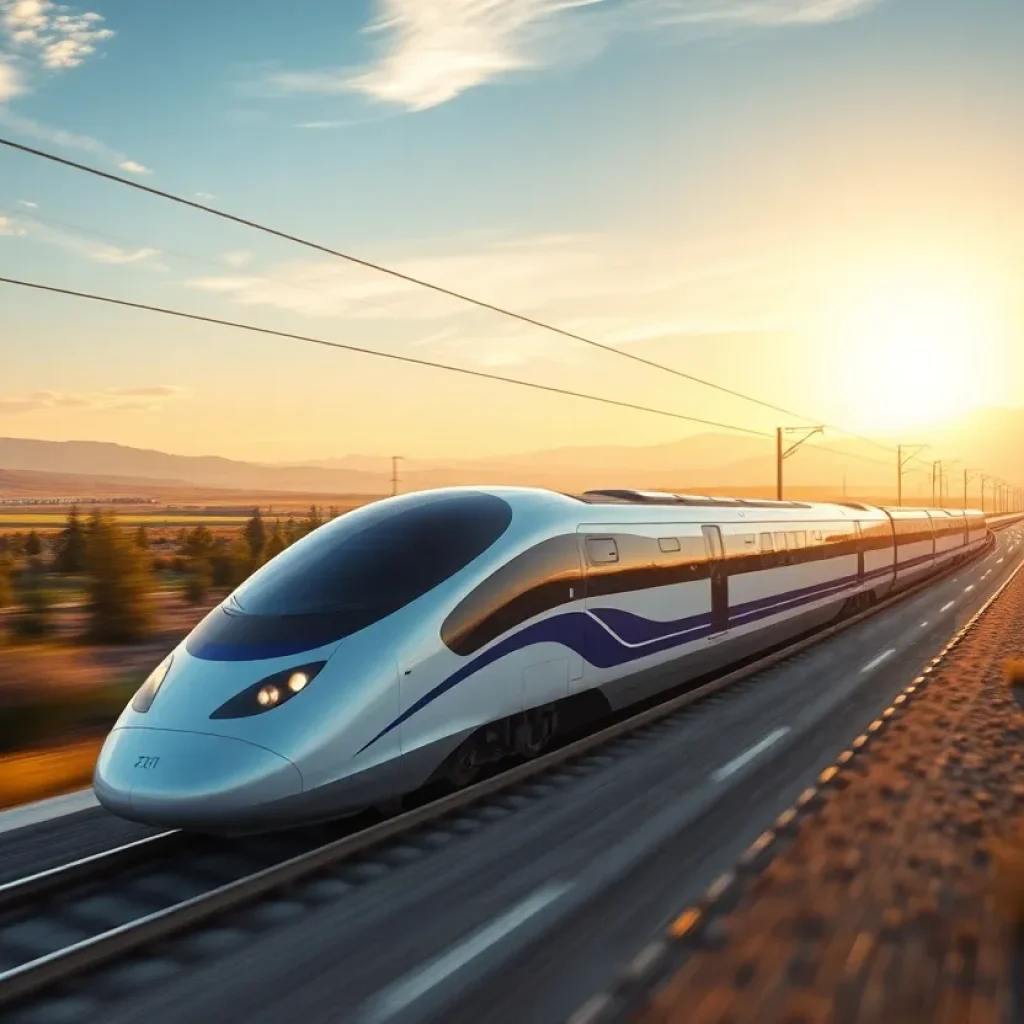 Rendering of California high-speed rail train passing through scenic landscapes