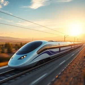 Rendering of California high-speed rail train passing through scenic landscapes