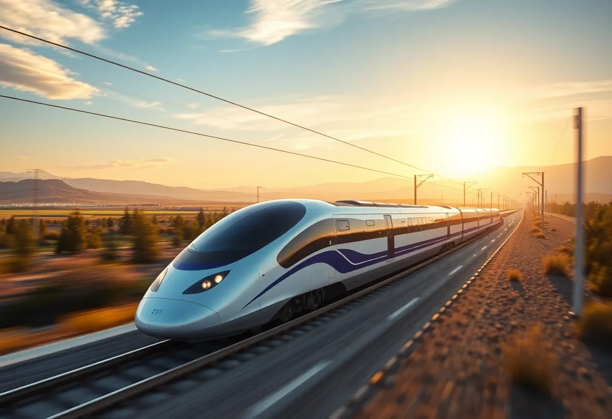 Rendering of California high-speed rail train passing through scenic landscapes