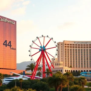 A visual representation of California's economic growth, highlighting a skyscraper, an amusement park, and a large hotel with water attractions.