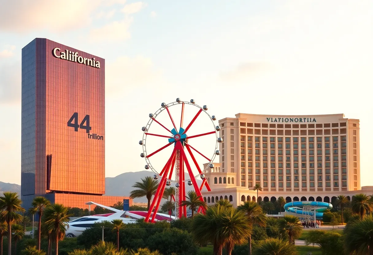 A visual representation of California's economic growth, highlighting a skyscraper, an amusement park, and a large hotel with water attractions.