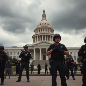 Political tension visualizing California state capitol with federal agents