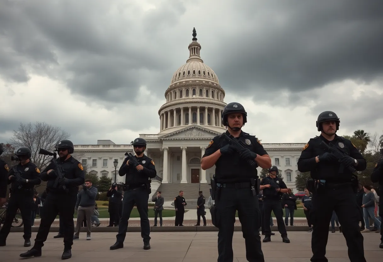 Political tension visualizing California state capitol with federal agents