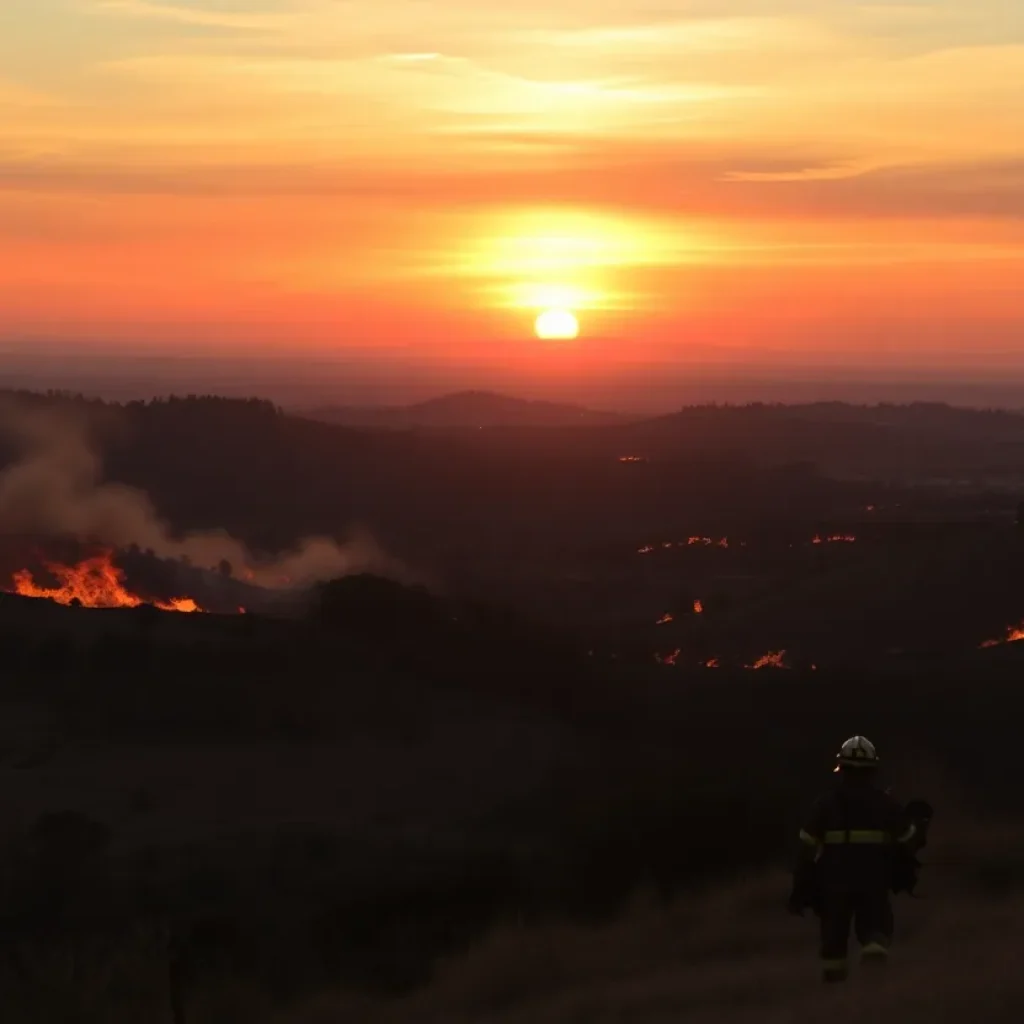 Firefighters battling wildfires in California during sunset