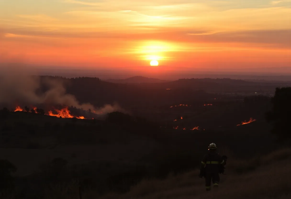 Firefighters battling wildfires in California during sunset