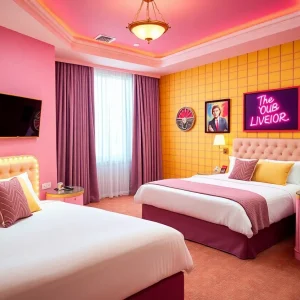 Interior view of the Clueless Suite in Beverly Hills with pastel colors and themed decor.