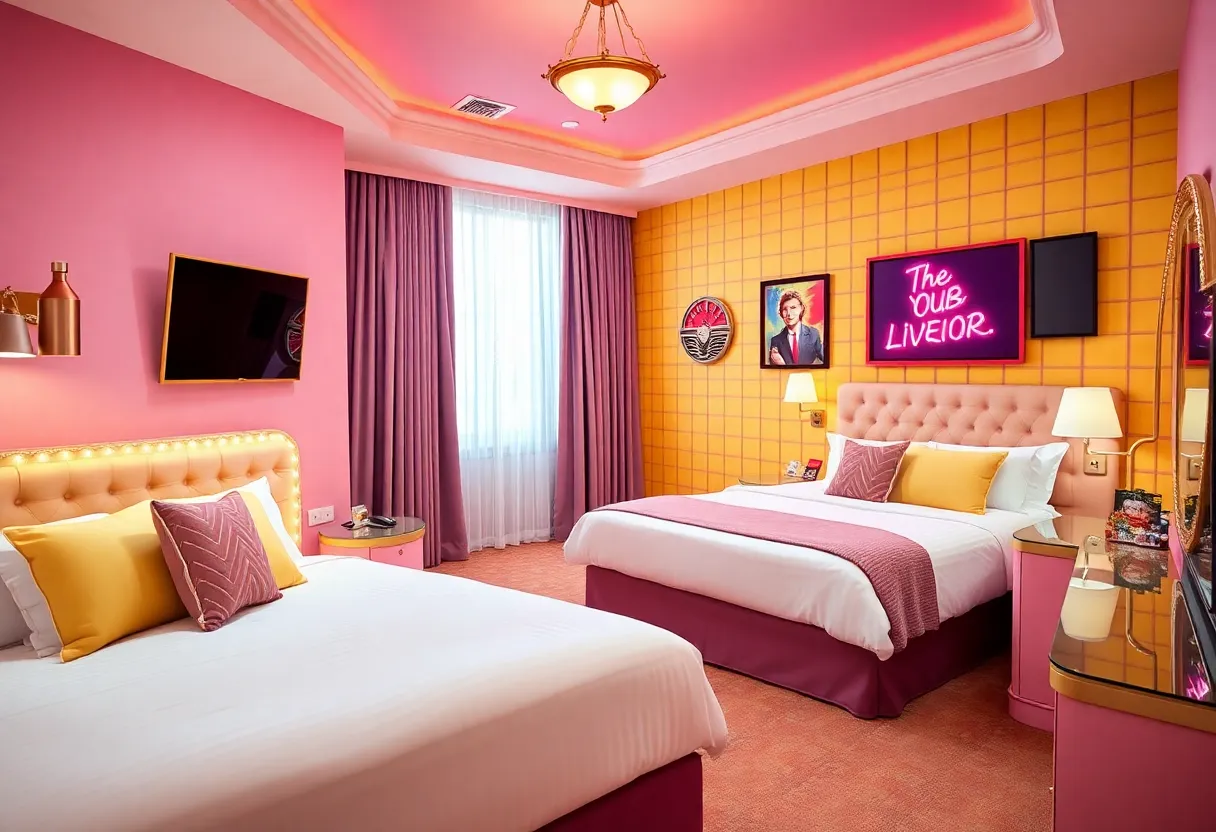 Interior view of the Clueless Suite in Beverly Hills with pastel colors and themed decor.
