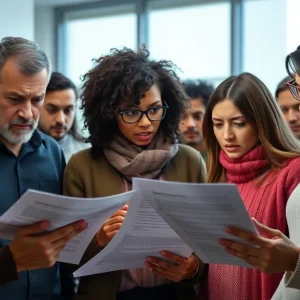 Group of concerned individuals examining health insurance documents