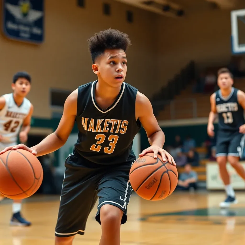 Young athlete training in basketball court, showcasing skills