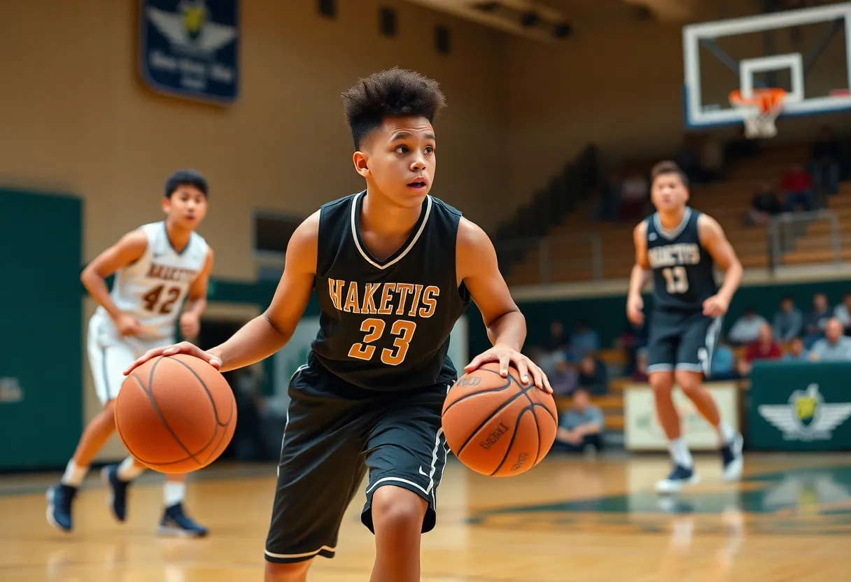 Young athlete training in basketball court, showcasing skills