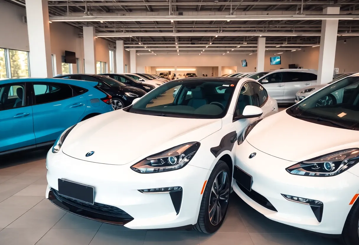 Showroom displaying various electric and hybrid vehicles