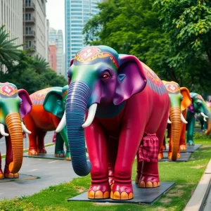 Colorful life-size Indian elephant sculptures along Santa Monica Boulevard