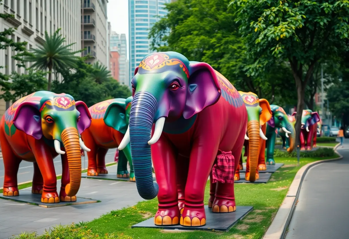 Colorful life-size Indian elephant sculptures along Santa Monica Boulevard