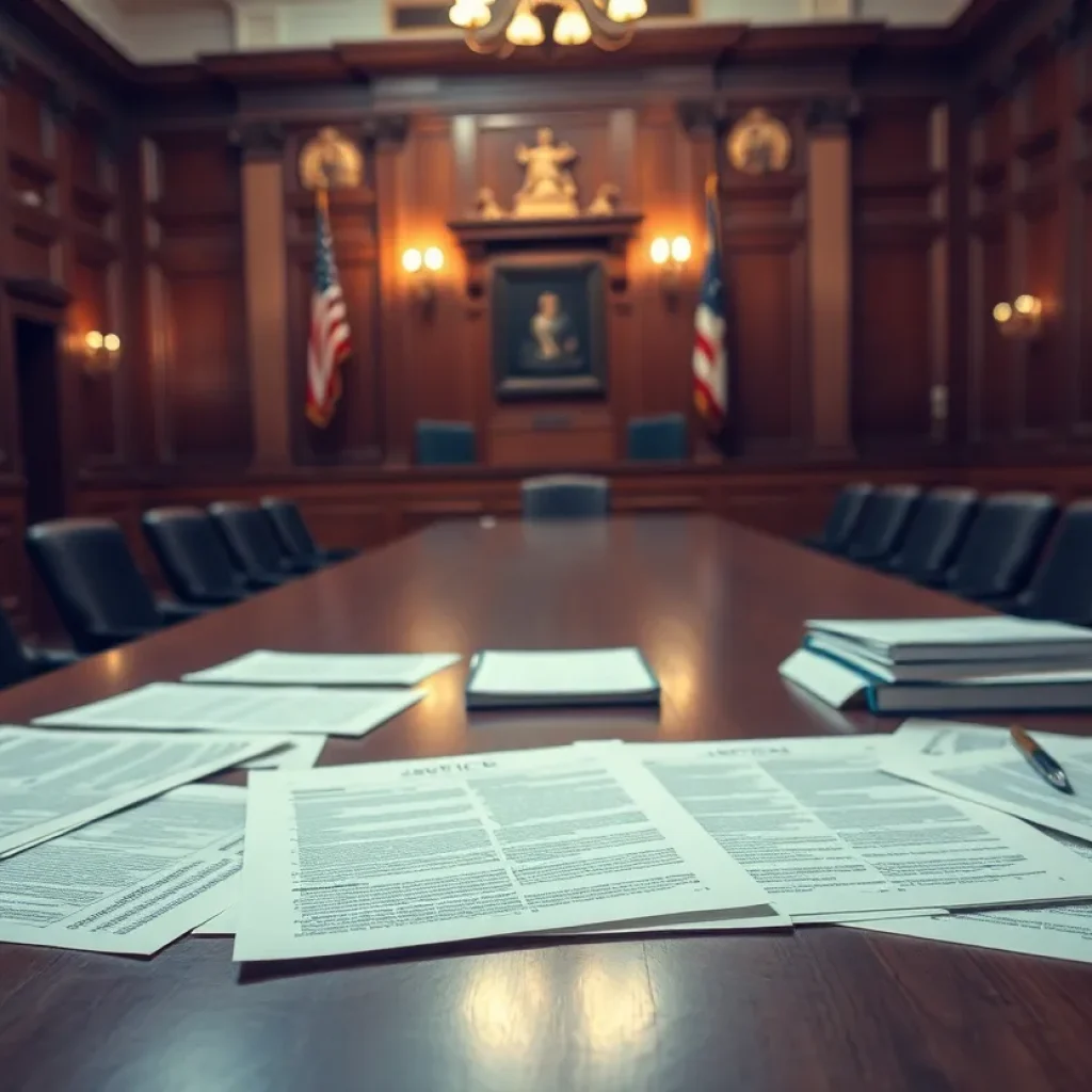 Courtroom setting symbolizing the upcoming trial