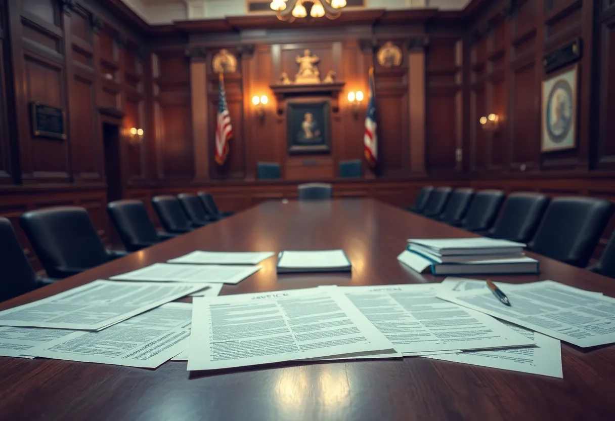 Courtroom setting symbolizing the upcoming trial