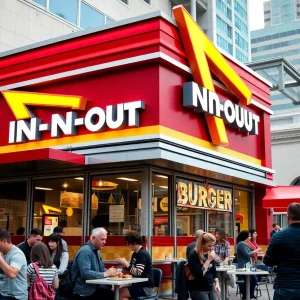 Customers dining at an In-N-Out Burger restaurant with the iconic logo visible.