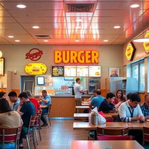 Interior of an In-N-Out Burger with diners enjoying their meals.