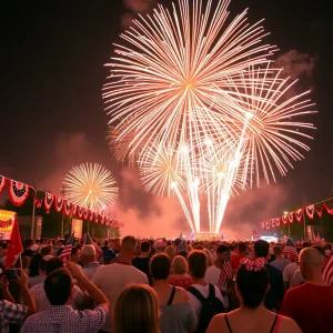 Fireworks above a festive crowd celebrating Independence Day