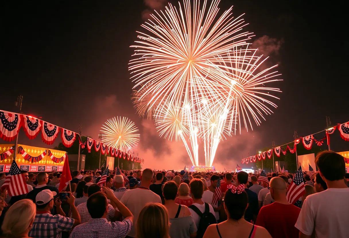 Fireworks above a festive crowd celebrating Independence Day