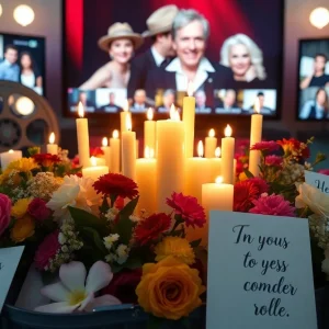 Candlelight memorial for Julian McMahon with tribute cards and flowers