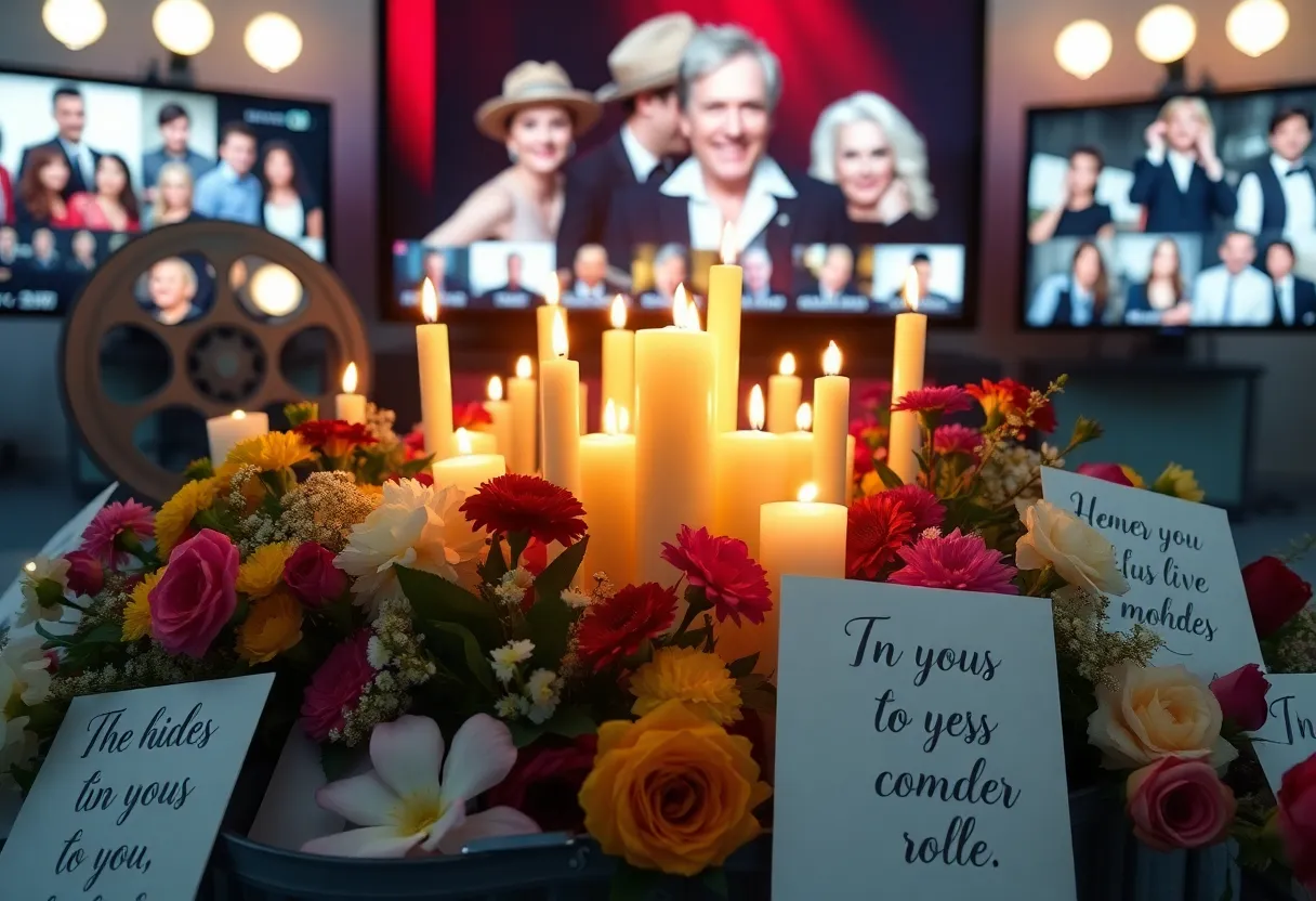 Candlelight memorial for Julian McMahon with tribute cards and flowers