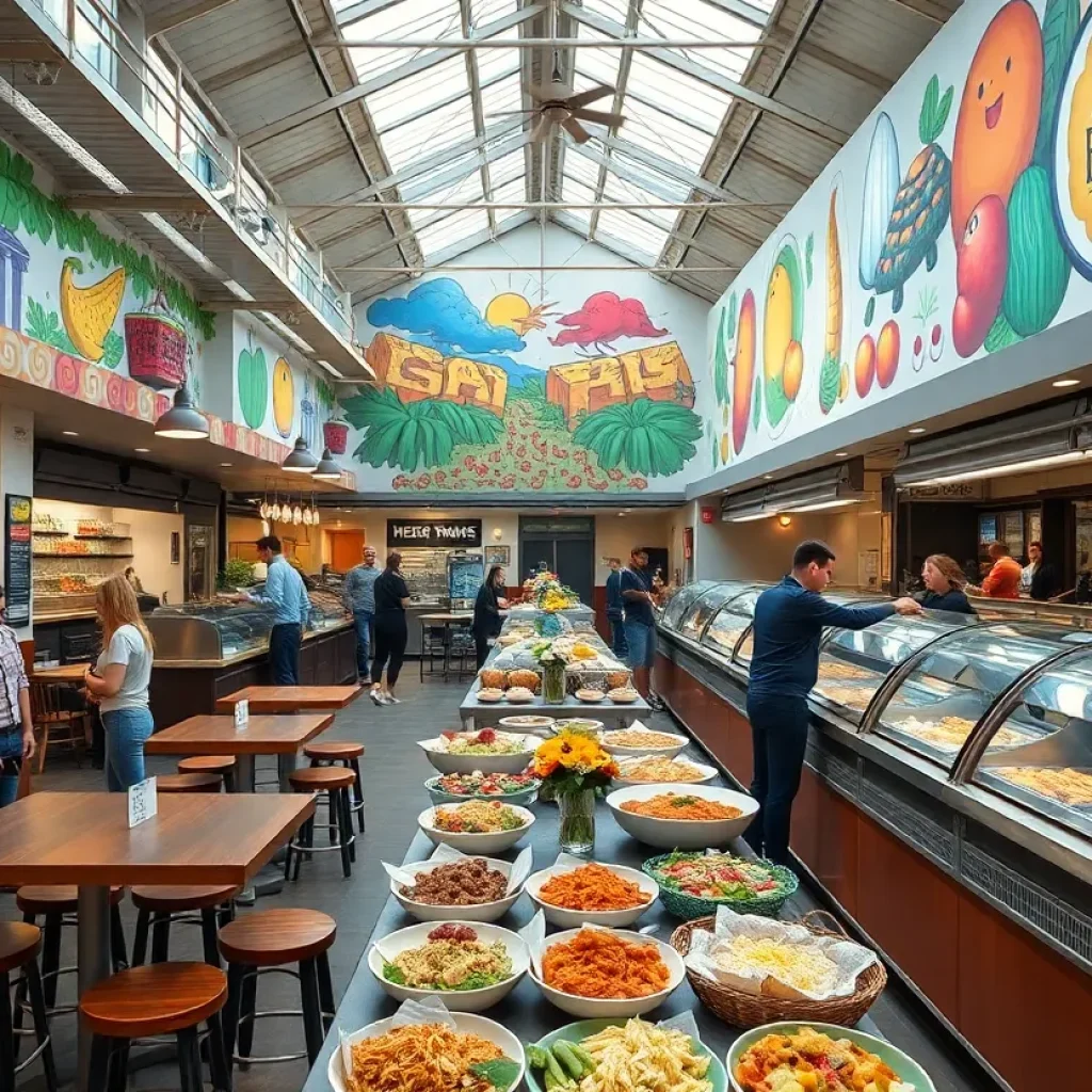 Local Kitchens food hall showcasing diverse dishes and seating arrangements