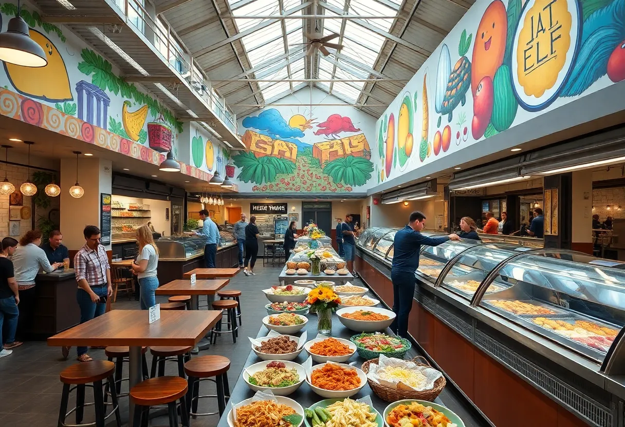 Local Kitchens food hall showcasing diverse dishes and seating arrangements