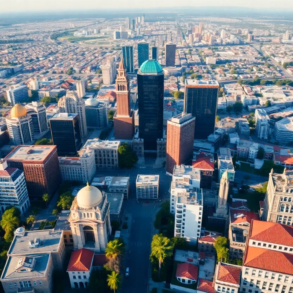 Aerial view of Los Angeles highlighting cultural landmarks