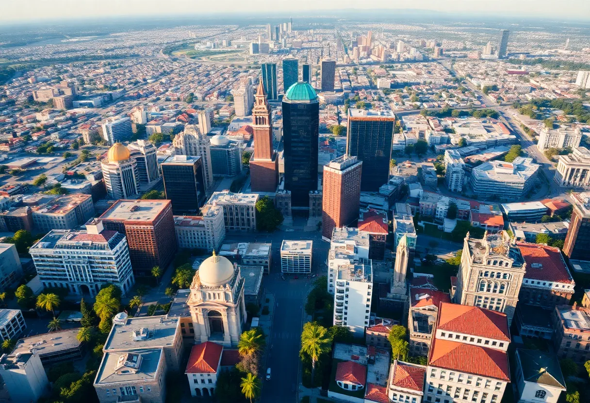 Aerial view of Los Angeles highlighting cultural landmarks
