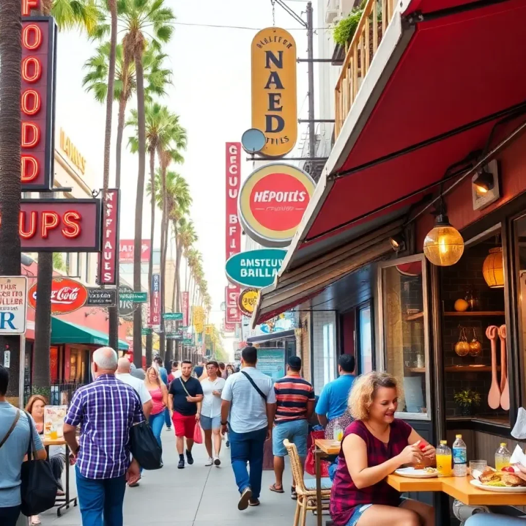 A lively street in Los Angeles filled with food pop-ups and happy diners