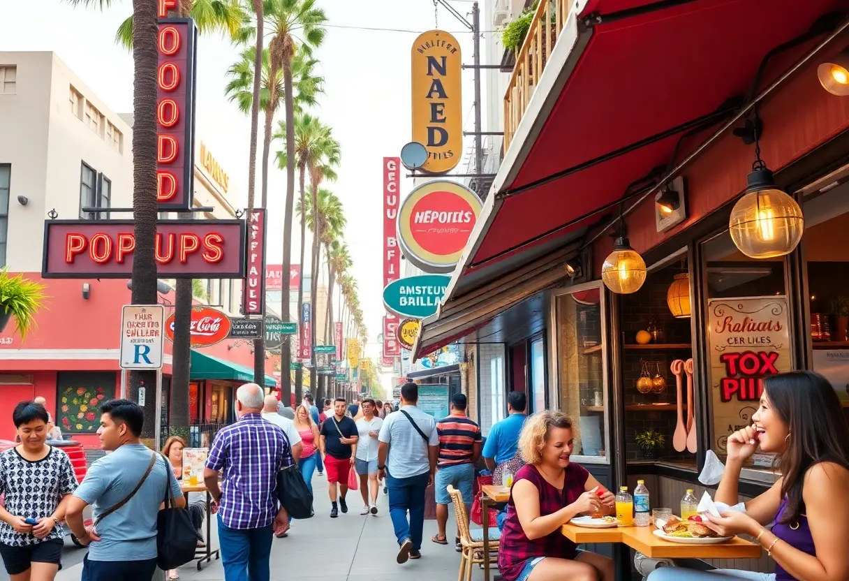 A lively street in Los Angeles filled with food pop-ups and happy diners