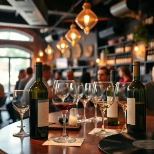 Interior of a vibrant wine bar showing customers enjoying wine and music.