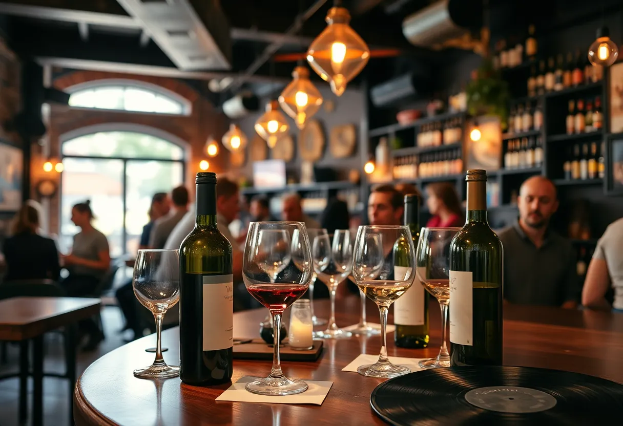 Interior of a vibrant wine bar showing customers enjoying wine and music.