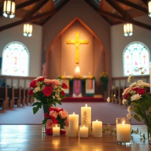 A peaceful community church setting with flowers, honoring a beloved member.