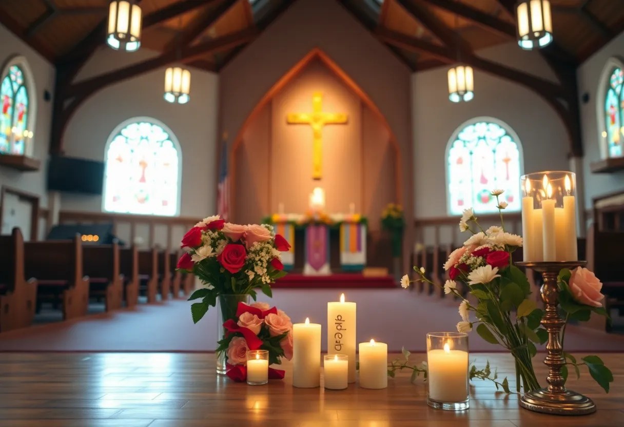 A peaceful community church setting with flowers, honoring a beloved member.