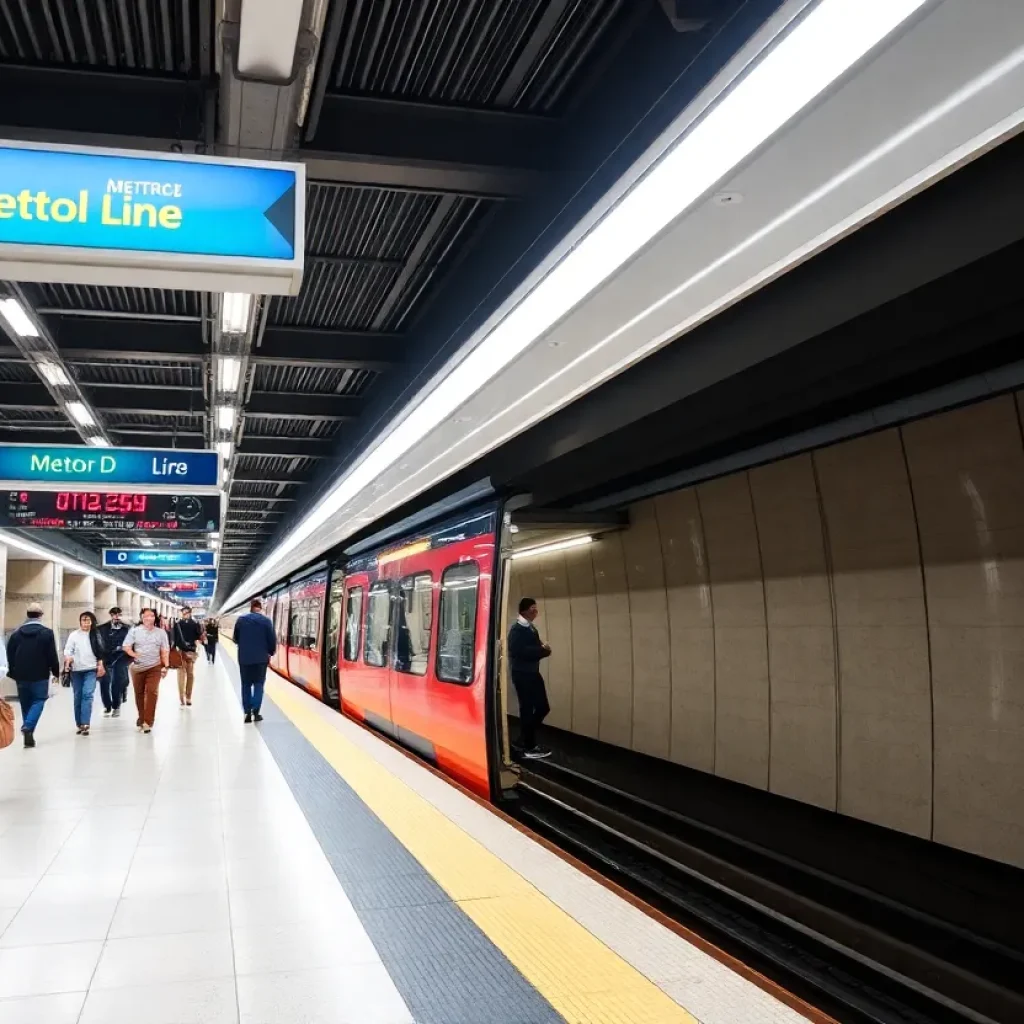 Passengers at a modern Metro D Line station in Los Angeles