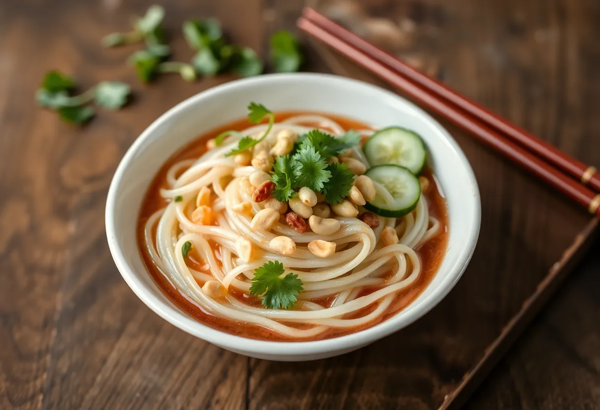 Delicious mung bean jelly cold noodles with various garnishments.