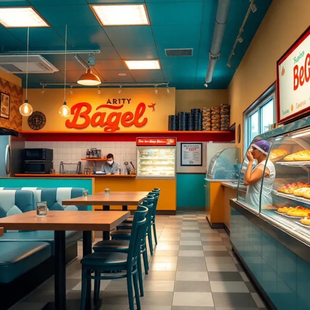Interior of the New York Bagel Deli & Bakery featuring booths and bakery display