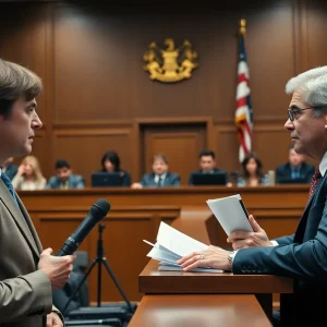 Illustration of a courtroom scene showing a legal dispute over journalism and defamation.