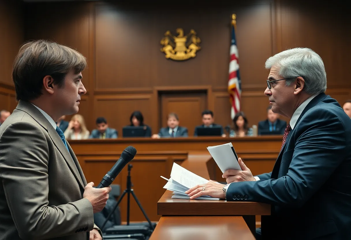 Illustration of a courtroom scene showing a legal dispute over journalism and defamation.